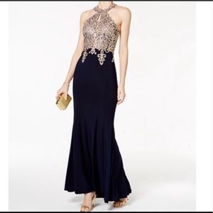 Metallic Lace and Jersey Round Neck Halter Gown